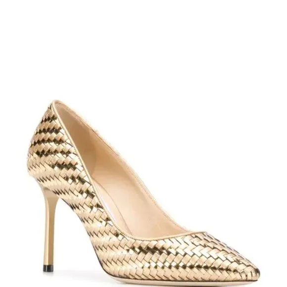 Jimmy Choo Romy 85 Gold Mix Woven Metallic Fabric Pointy Toe Pump Sz/ 8.5 - Picture 5 of 15
